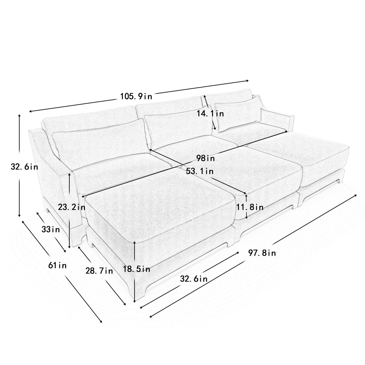 Stylish Sofa With Ottoman And Lumbar Pillows, Ergonomic Design