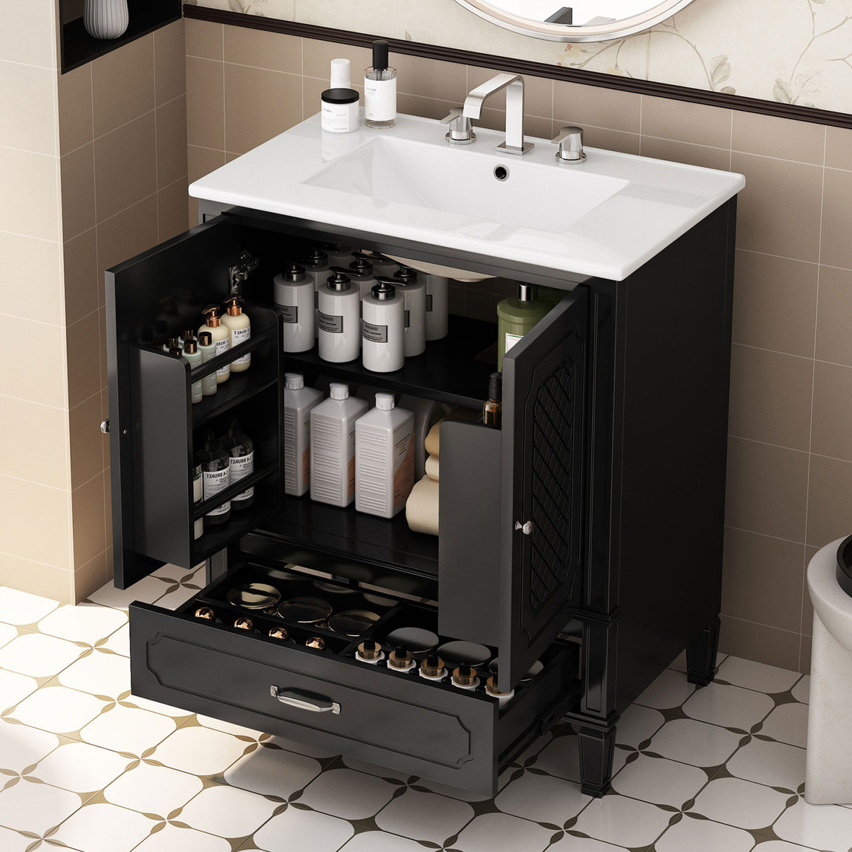 Vintage Style 30" Bathroom Vanity With Sink, Multi Functional Storage, Soft Closing Door - Black