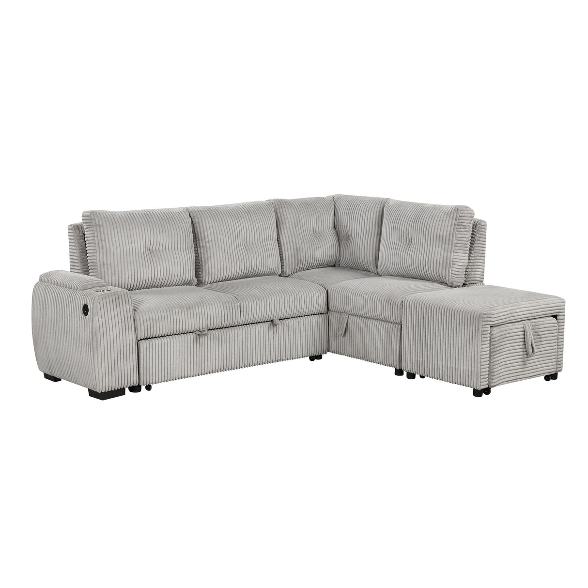 Pull-Out L-Shaped Sectional Sofa With Movable Ottoman And Stool, Large Storage Space, A Cup Holder, And 2 USB Ports For Living Room