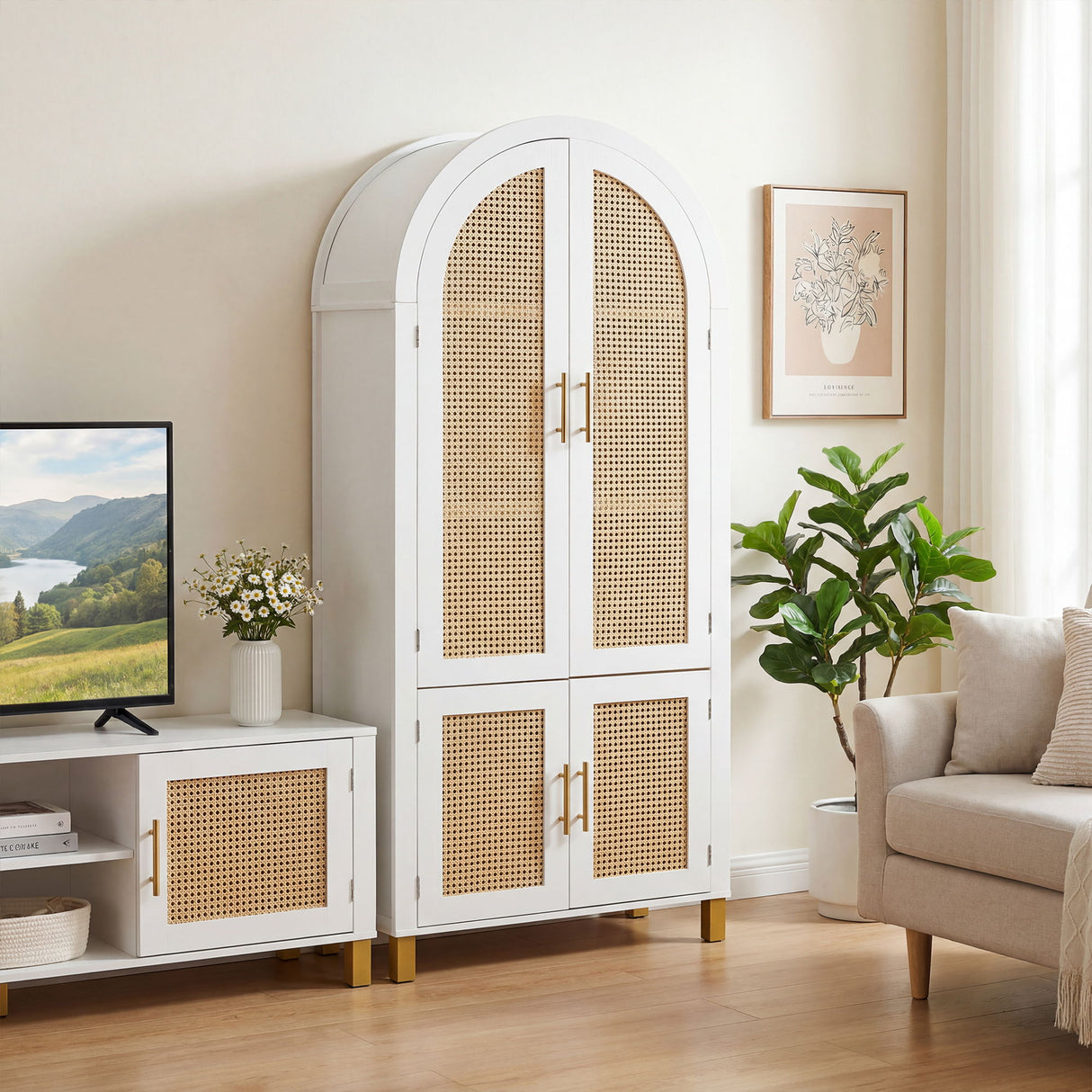 Tall Arched Cabinet With Rattan Doors & Adjustable Shelves
