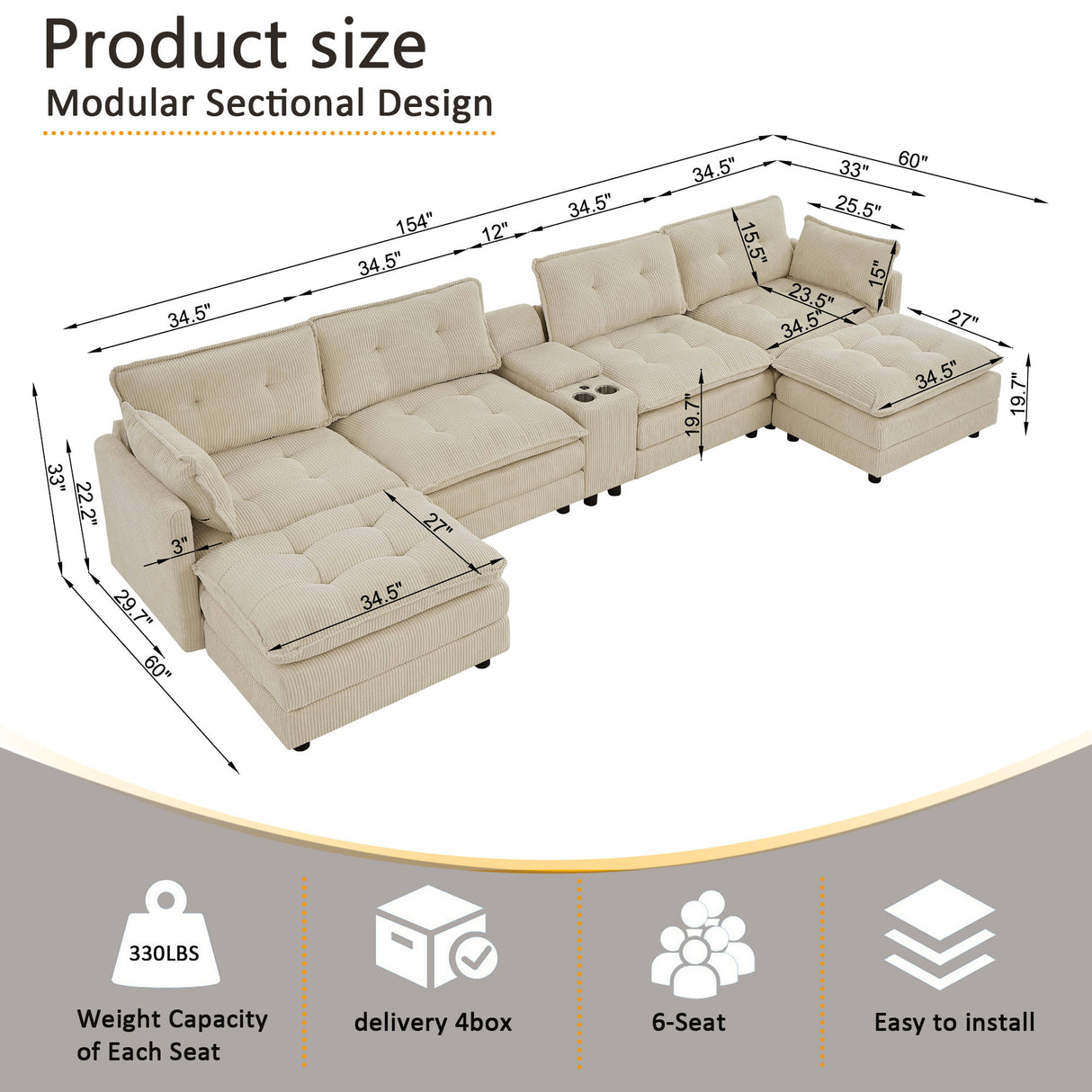 Oversized Modular Sectional Sofa With Multi Functional Console