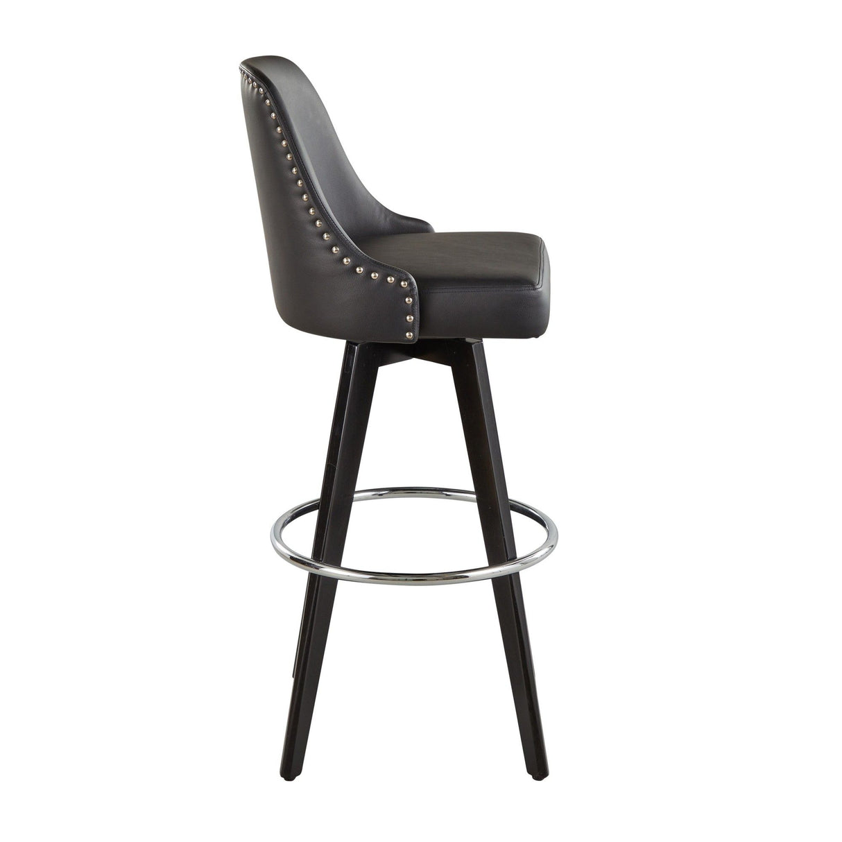 Studded - Marcel Fixed-Height Barstool (Set of 2) - Black Wood, Black Faux Leather, Chrome Metal