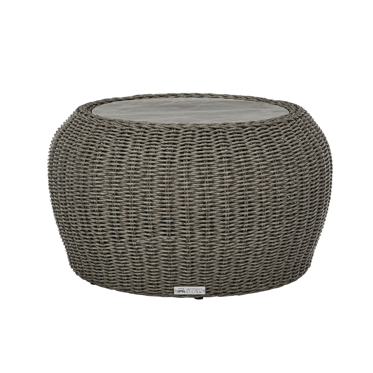 Amira - Outdoor Round Sintered Stone Side Table With Woven Rattan Body And Aluminum Frame - Deep Bronze