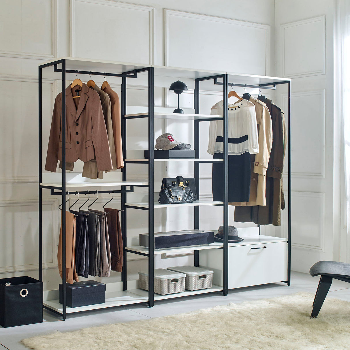 Fiona - Freestanding Walk In Wood Closet System & Metal Frame Melamine - White