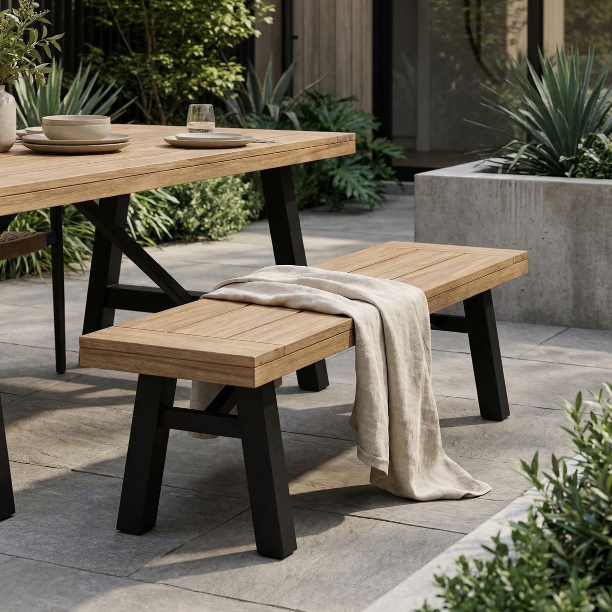 Outdoor Bench With Slat Panel Design And Acacia Wood Frame