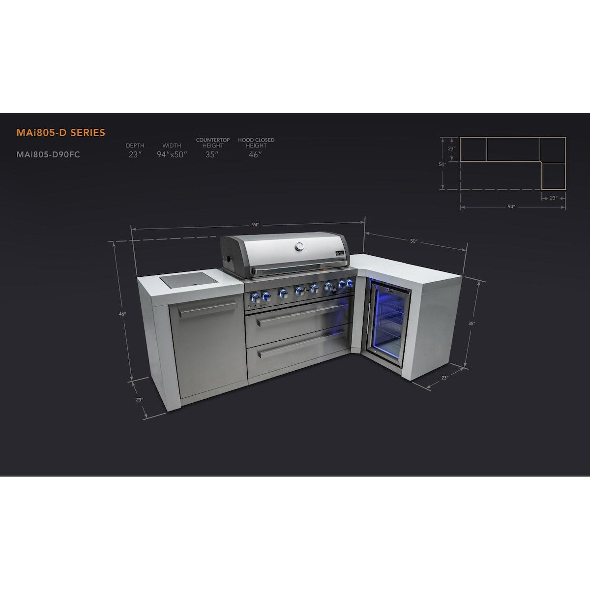 Mont Alpi Deluxe Series 8 Ft L-Shaped Propane Outdoor Kitchen Island w/ Side Burner & Fridge - MAi805-D90FC