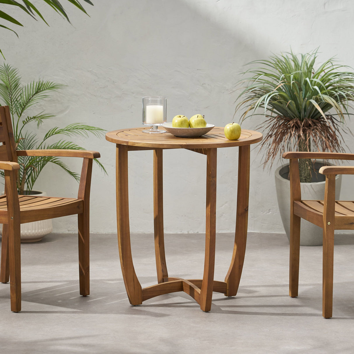Outdoor Circular Wood Bistro Table With Curved Legs And Slat Panel Table Top - Teak