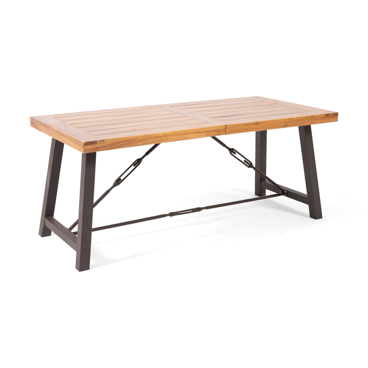 Outdoor Dining Table With Slat Wooden Panel And Turnbuckle Accents - Teak