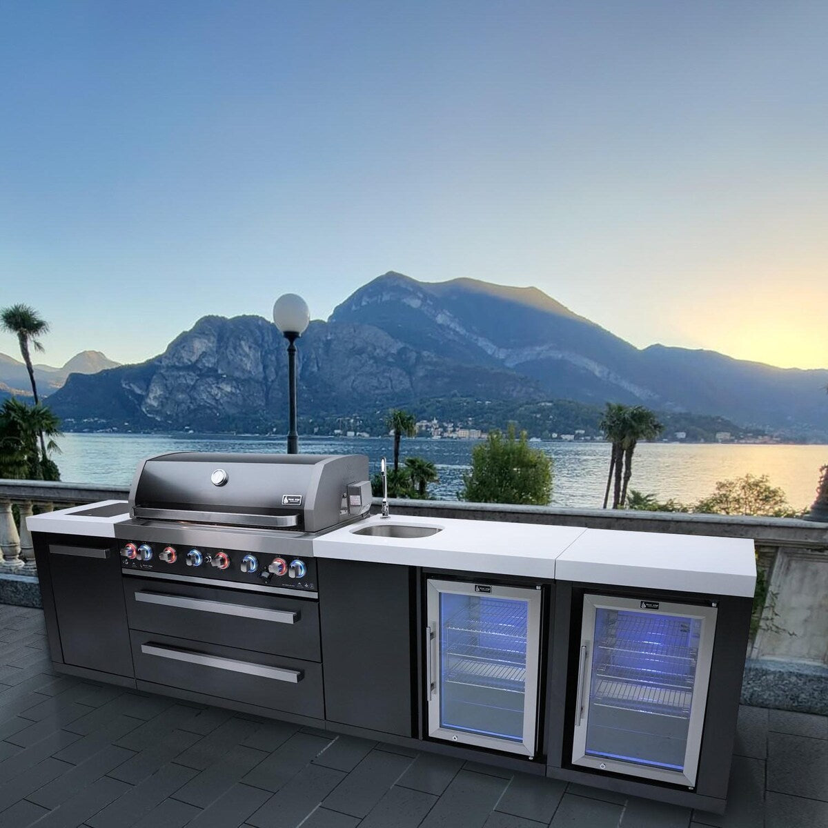 Mont Alpi Black Series 11 Ft Propane Outdoor Kitchen Island w/ Side Burner, Beverage Center & Fridge - MAi805-BSSBEVFC