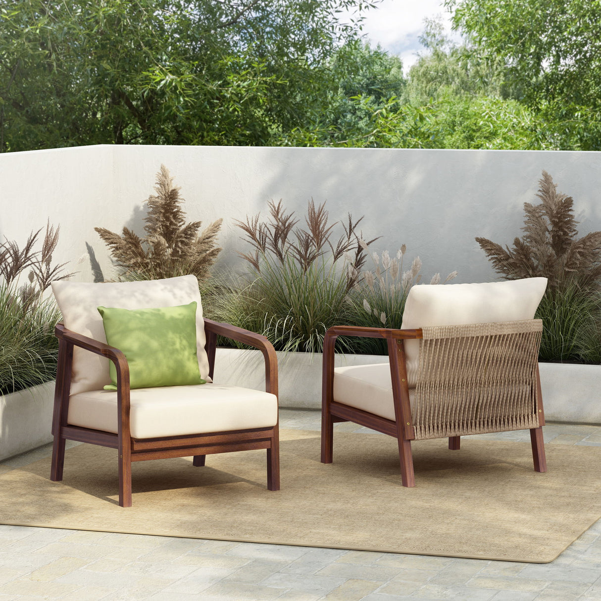Outdoor Lounge Chair With Woven Backrest, Solid Wood Frame, Comfortable Cushions