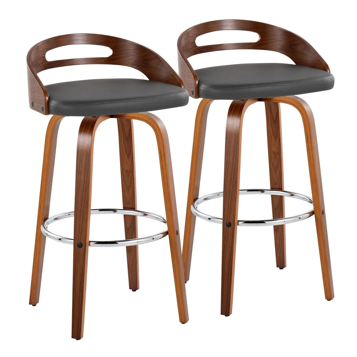 Cassis - Mid-Century Modern Fixed-Height Swivel Barstool (Set of 2) - Walnut Wood And Gray Faux Leather With Round Chrome Metal Footrest