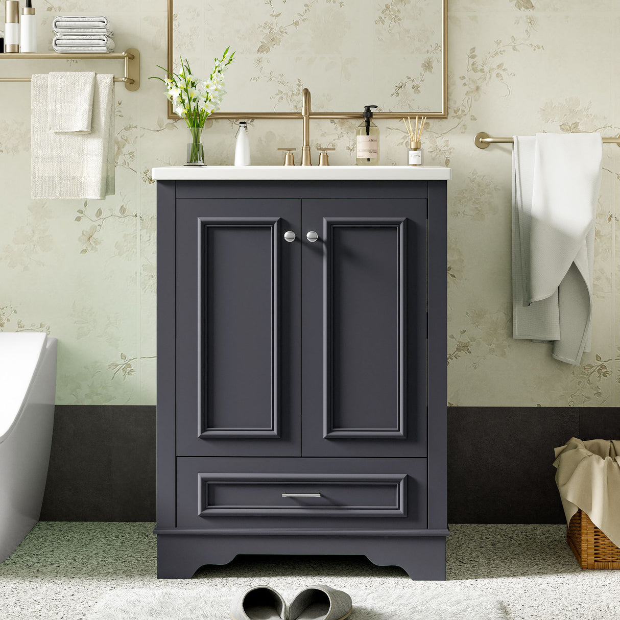 Bathroom Vanity With Ceramic Sink Combo, Modern Freestanding Storage Cabinet With Silver Handles