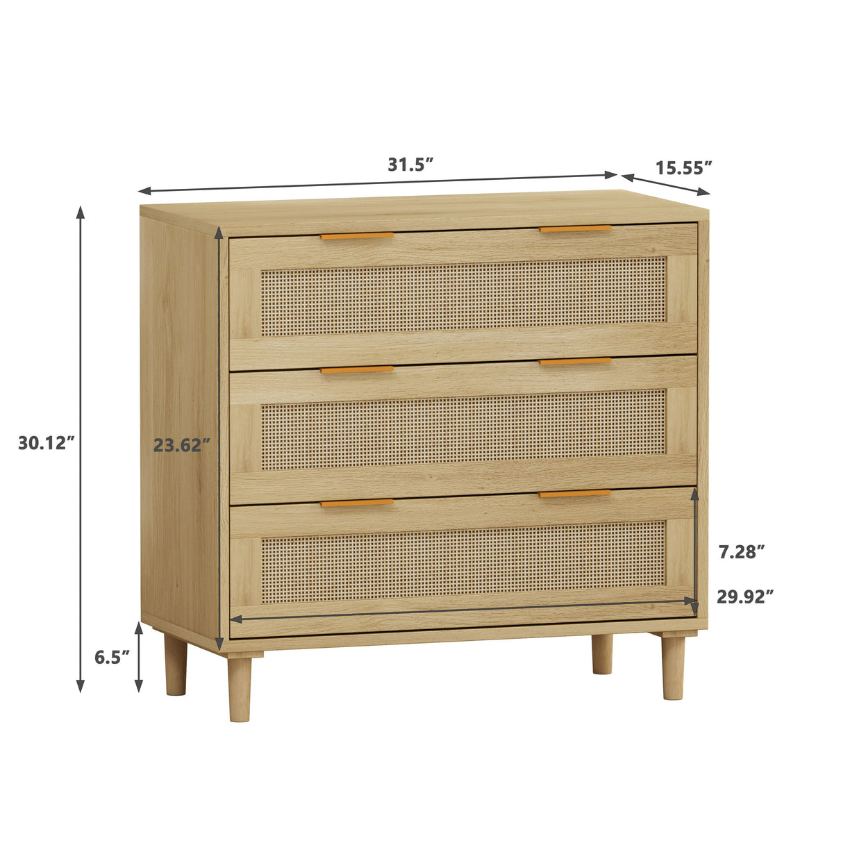 3 Drawer Storage Cabinet With Rattan Drawers For Bedroom, Living Room - Oak