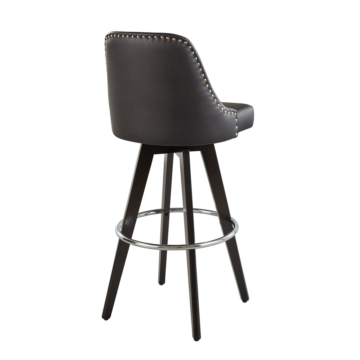 Studded - Marcel Fixed-Height Barstool (Set of 2) - Black Wood, Black Faux Leather, Chrome Metal