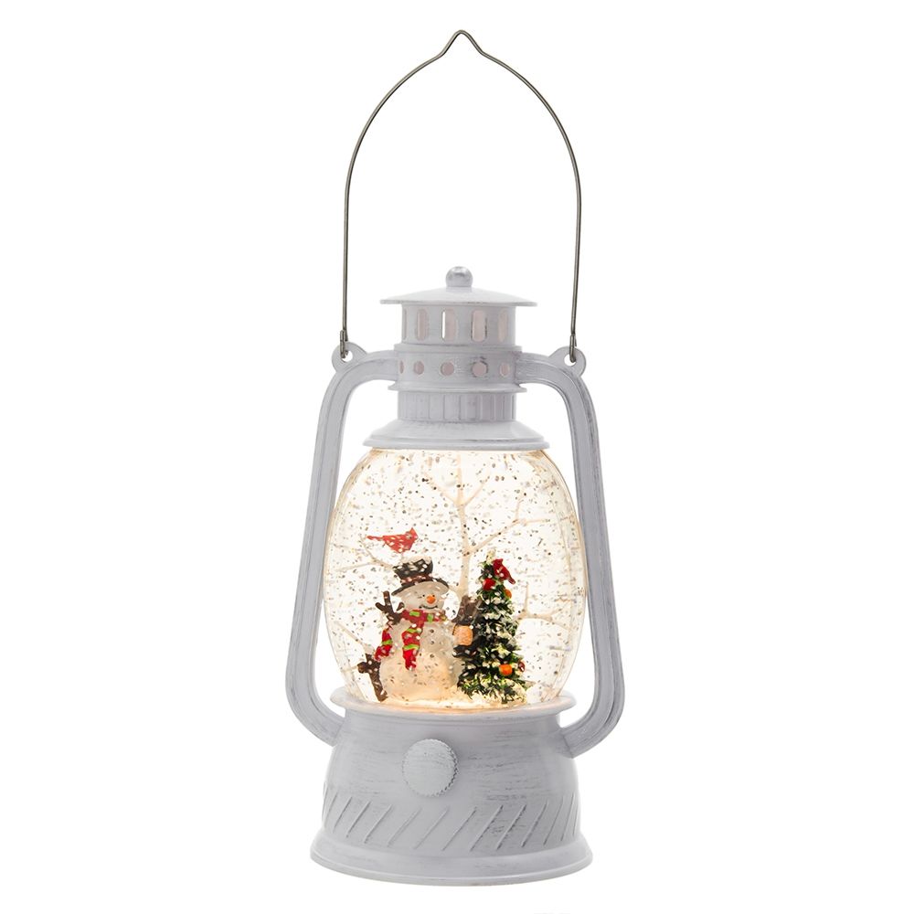 Christmas Plastic / Resin Lantern With Snowman & Tree LED / Water Spinning / 6 Hours Timer, 3*AA Batteries Required - White / Multi