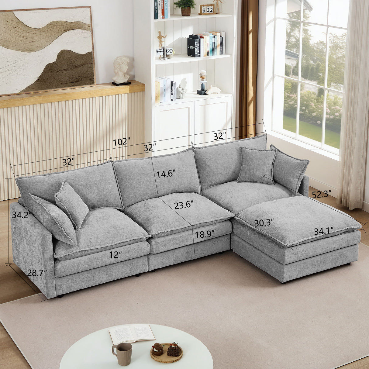 L Shaped Modular Sectional Sofa With Movable Ottoman, 3 Seater Comfortable Seating