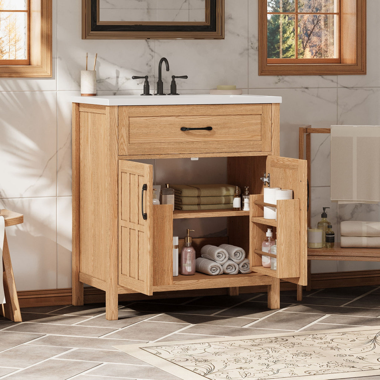 Bathroom Vanity With Sink, Adjustable Shelf & Door Organizers - Walnut