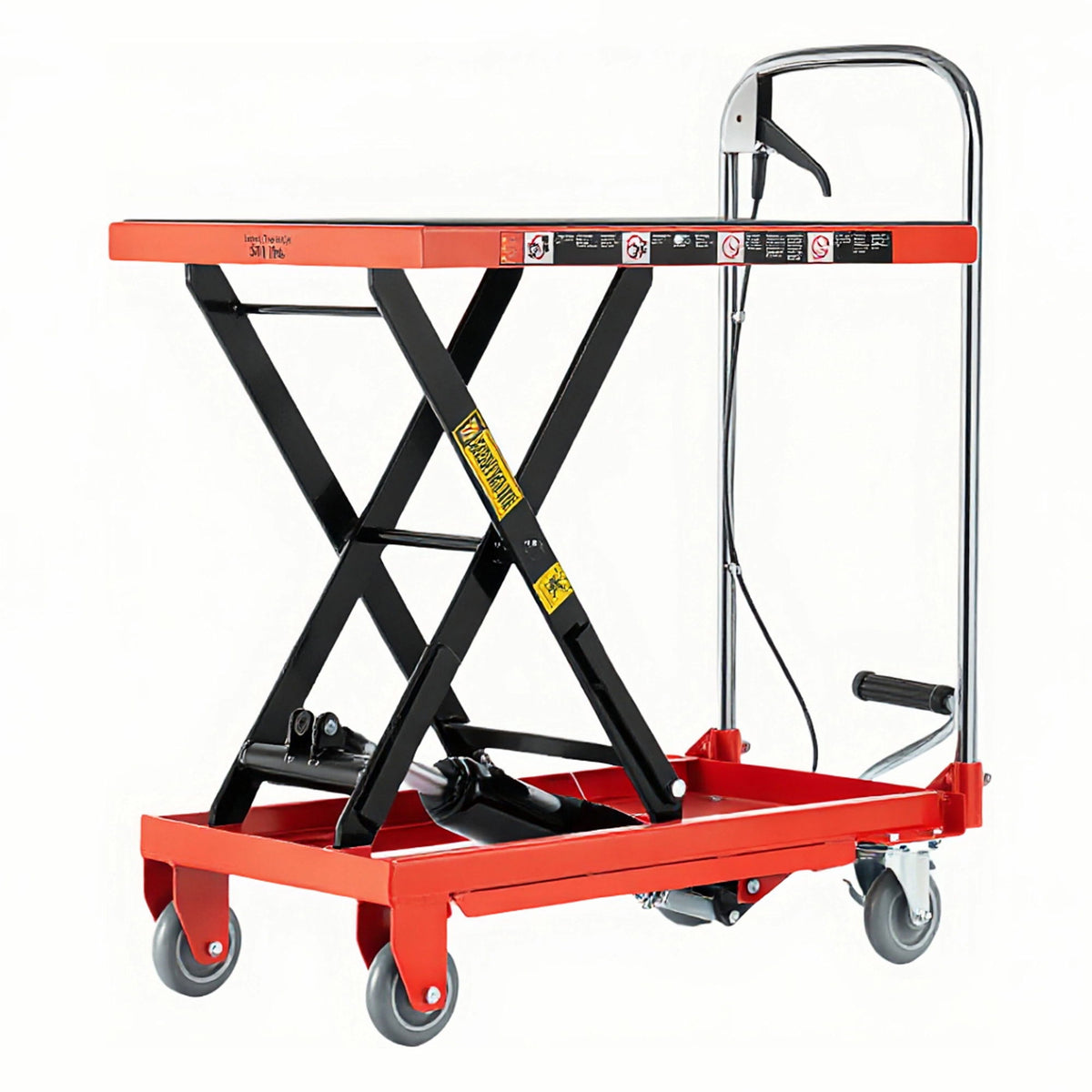 Hydraulic Lift Table Cart 500Lbs Load Red Single Scissor Lift With Non Slip Pads And Wheels - Red / Black