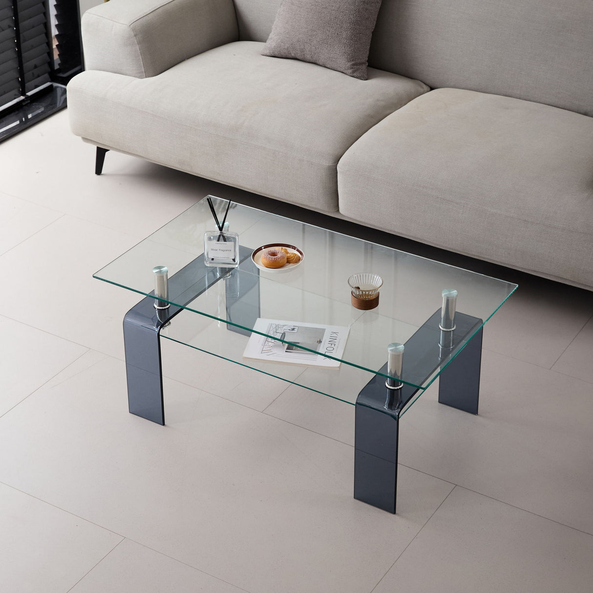 Modern Tempered Glass Coffee Table With 2 Tier Storage For Living Room