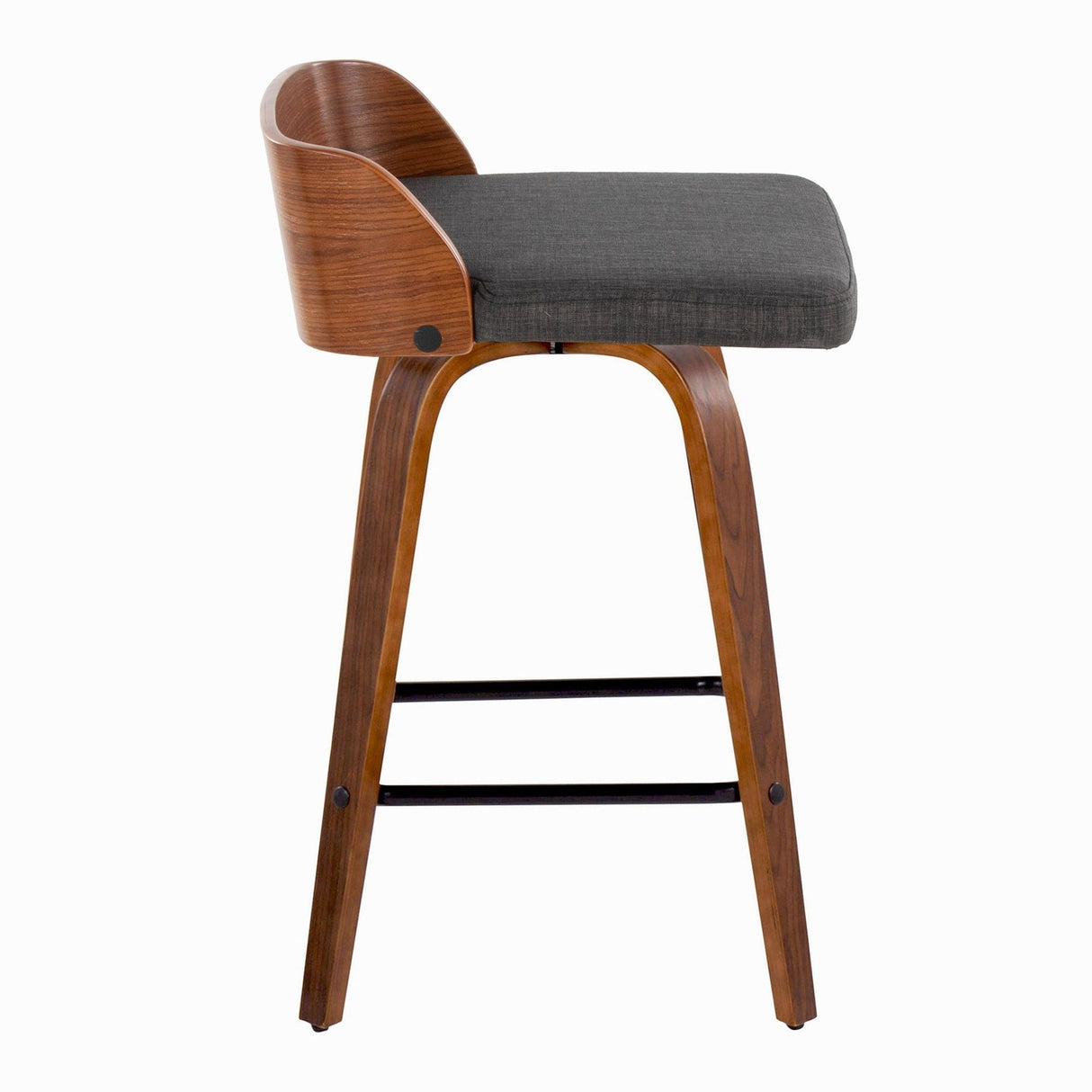 Maya - Mid-Century Modern Fixed-Height Swivel Counter Stool (Set of 2) - Walnut Wood And Charcoal Fabric With Square Black Metal Footrest