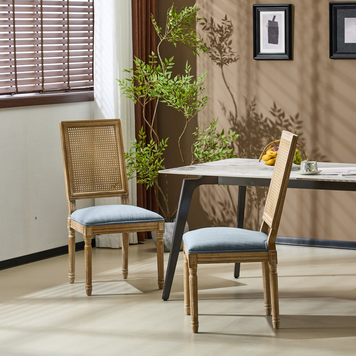 French Country Dining Chair With Rectangular Cane Backrest And Smooth Upholstered Seating