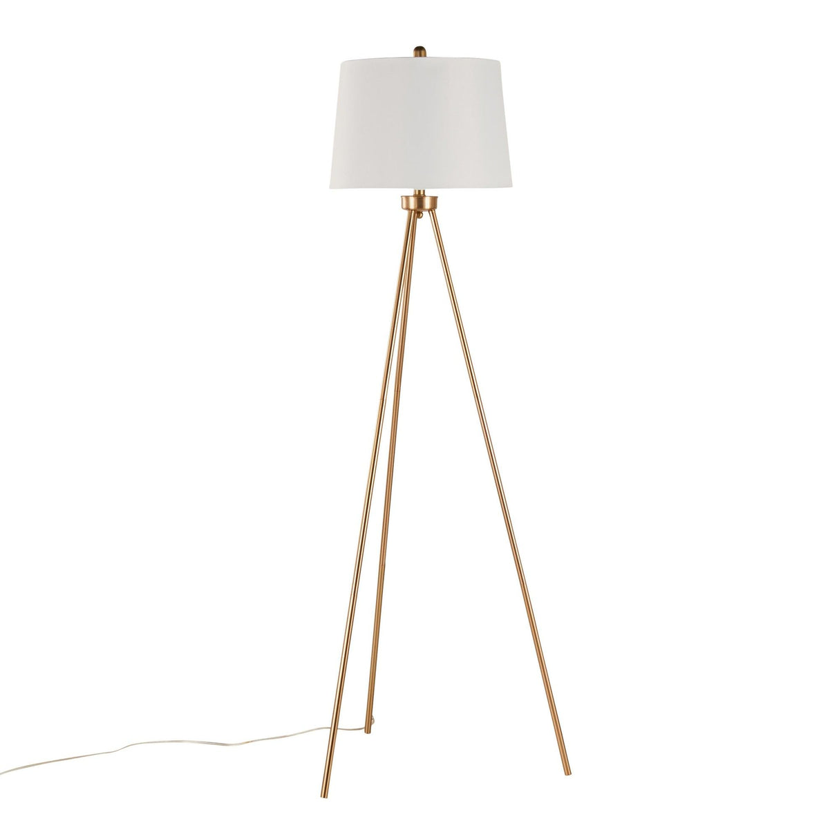 Tripod - Metal Floor Lamp - Gold Metal, White Linen