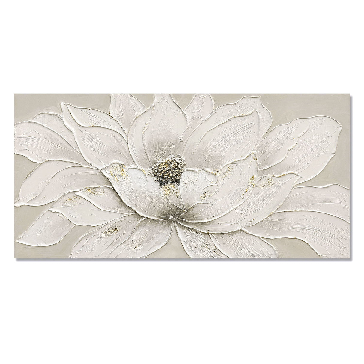 Lotus Flower Canvas Wall Art, Hand Painted Textured Floral Painting - Antique White