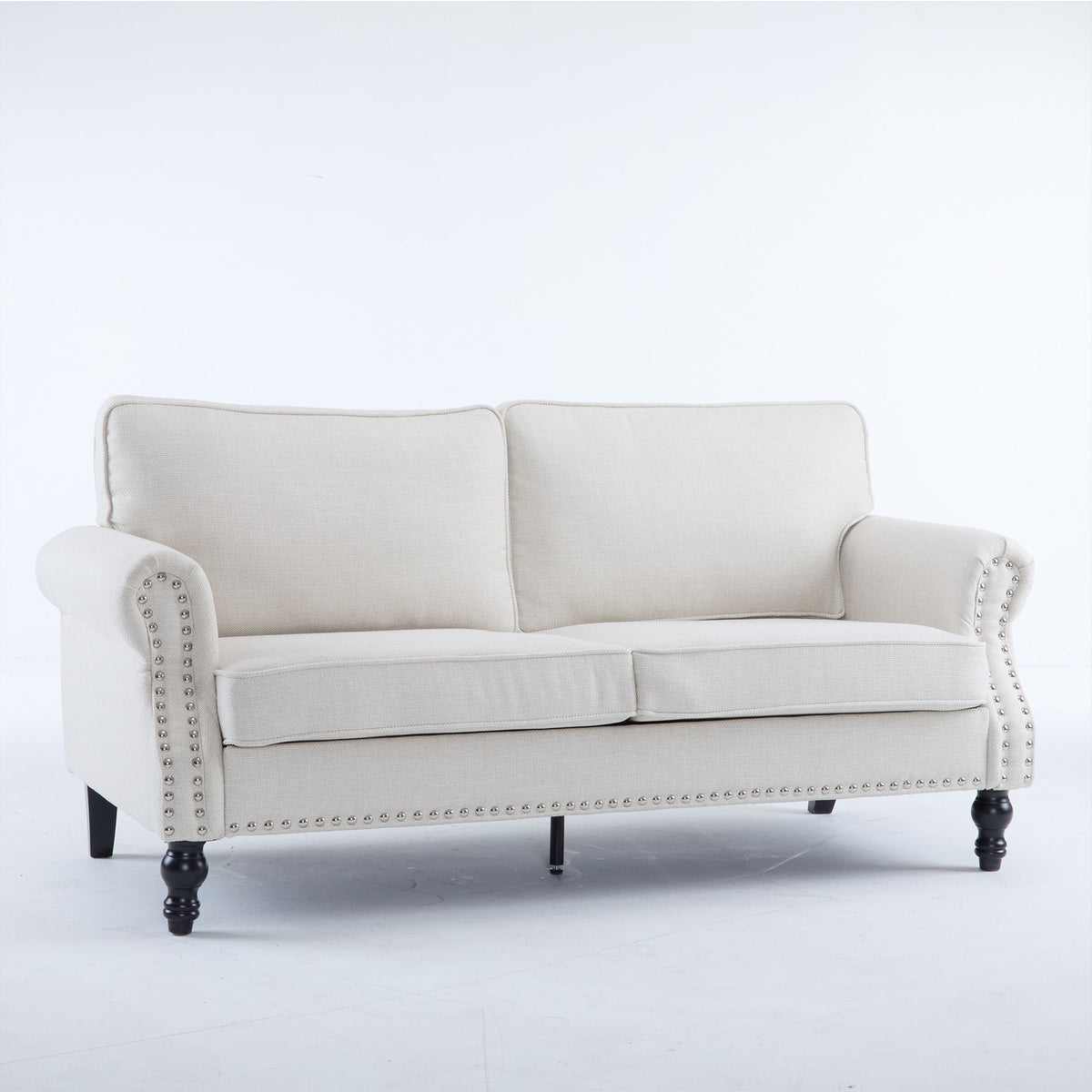 Rolled Arm Sofa With Nailhead Trim 2 Seater Upholstered Couch With Wooden Legs For Living Room Or Bedroom Deep Seat Design - Beige