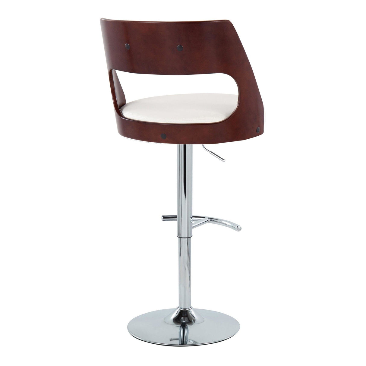 Cecina - Mid-Century Modern Adjustable Swivel Barstool (Set of 2) - Chrome Metal, Cherry Wood, And White Faux Leather With Rounded T Footrest