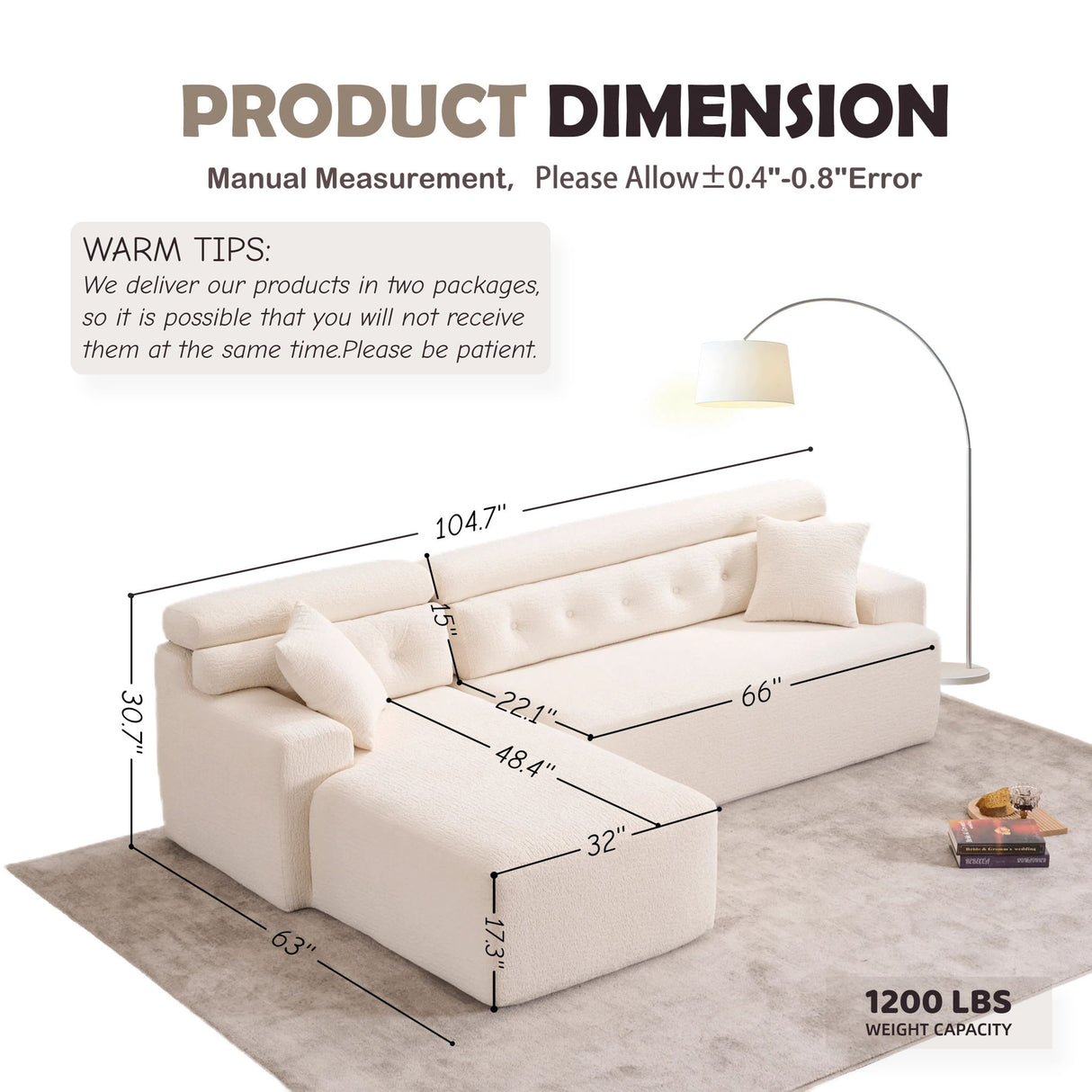 Ly 029B Convertible Chaise Sectional Sofa Full Compression Sponge Modular Couch Cloud 3 Seater Wood Grain Chenille 2 Pillows - Antique White