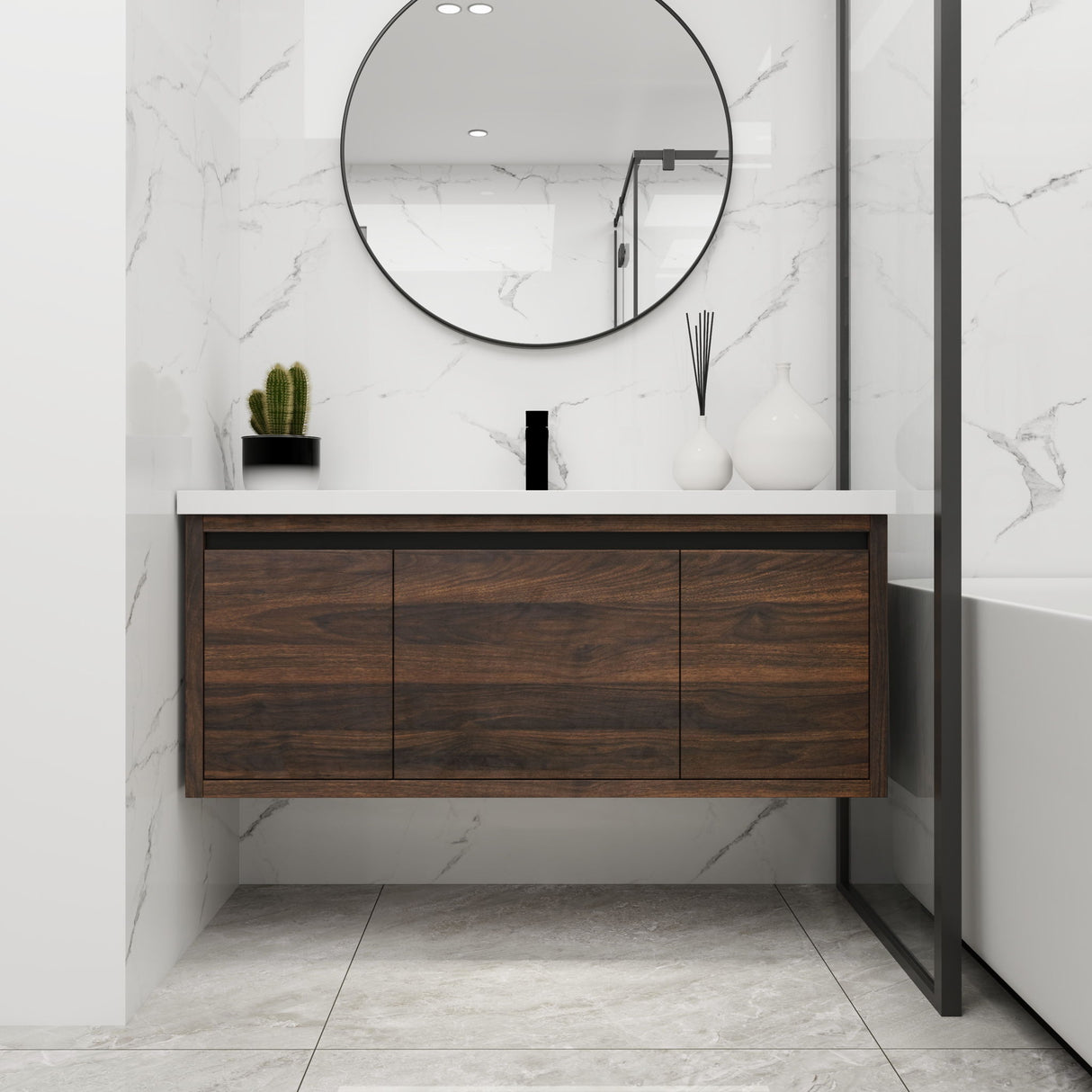 Floating 48" Bathroom Vanity With Resin Sink And Soft Close Doors California Plywood - California Walnut