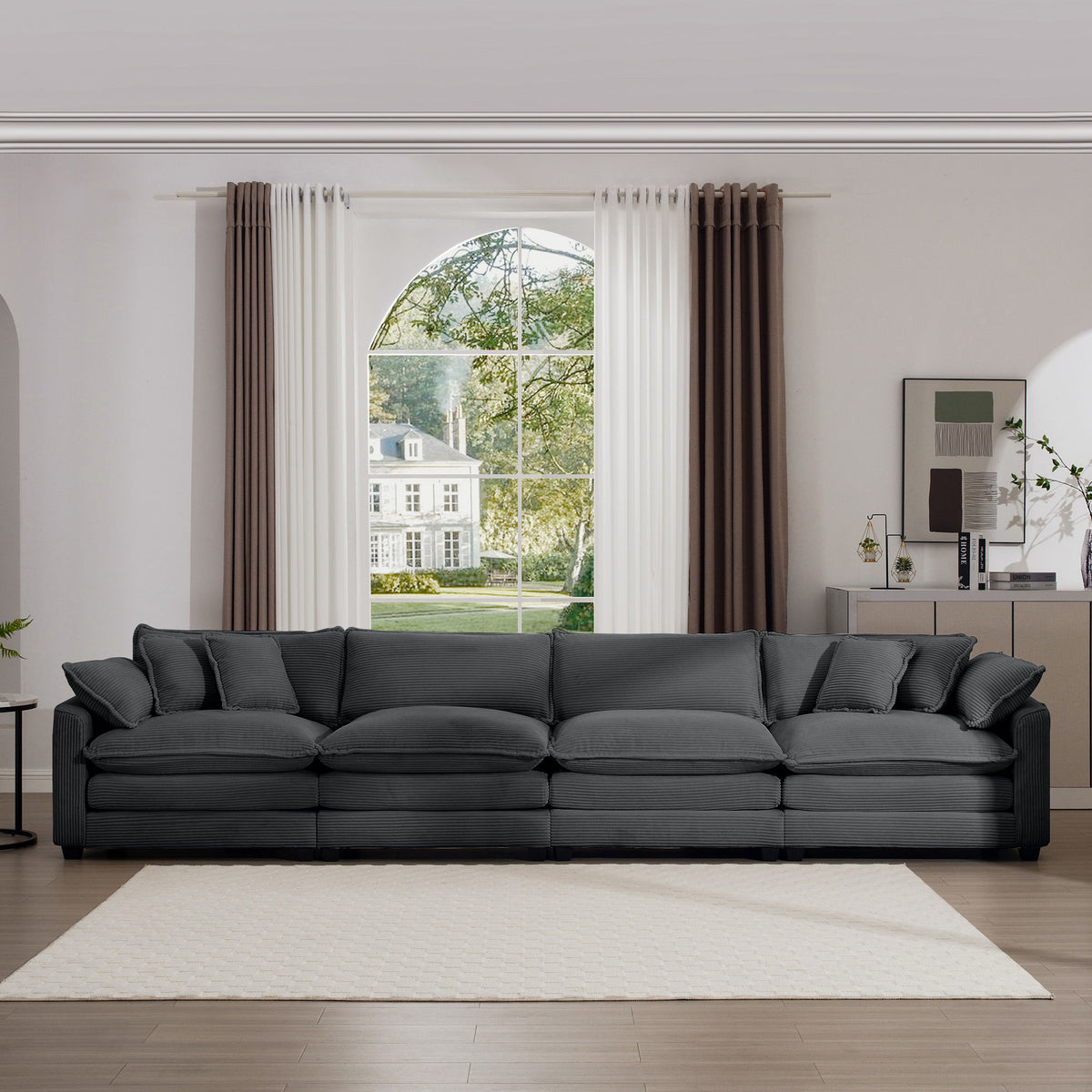 Modern Upholstered 4 Seater Fabric Sofa With Arm And Throw Pillows