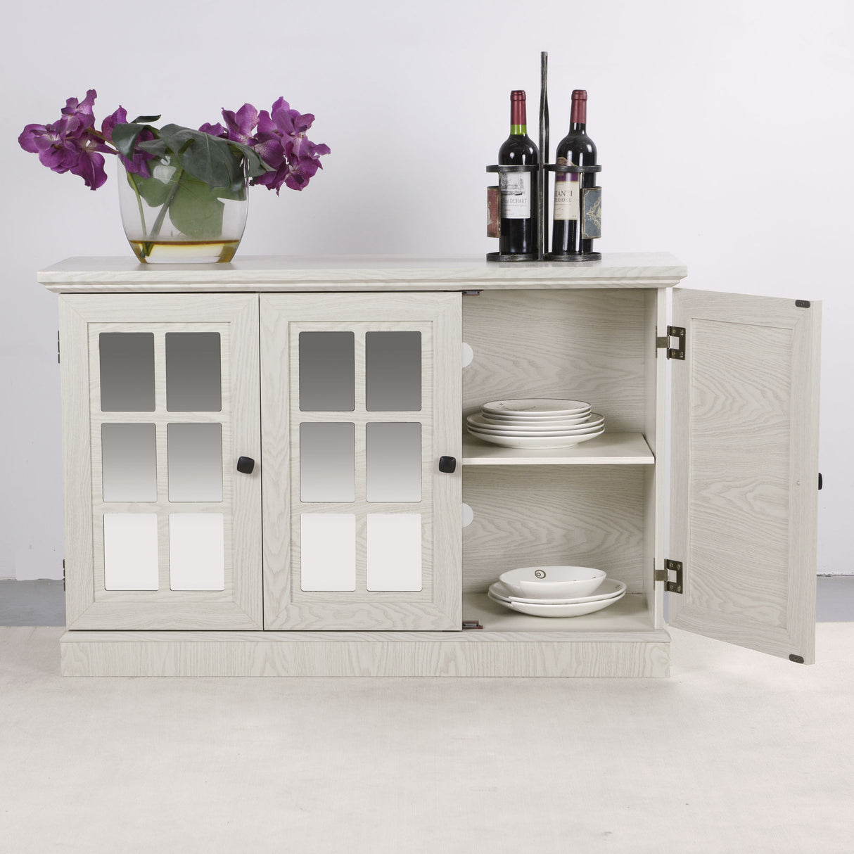 Storage Cabinet With 3 Mirrored Acrylic Doors, Adjustable Shelves