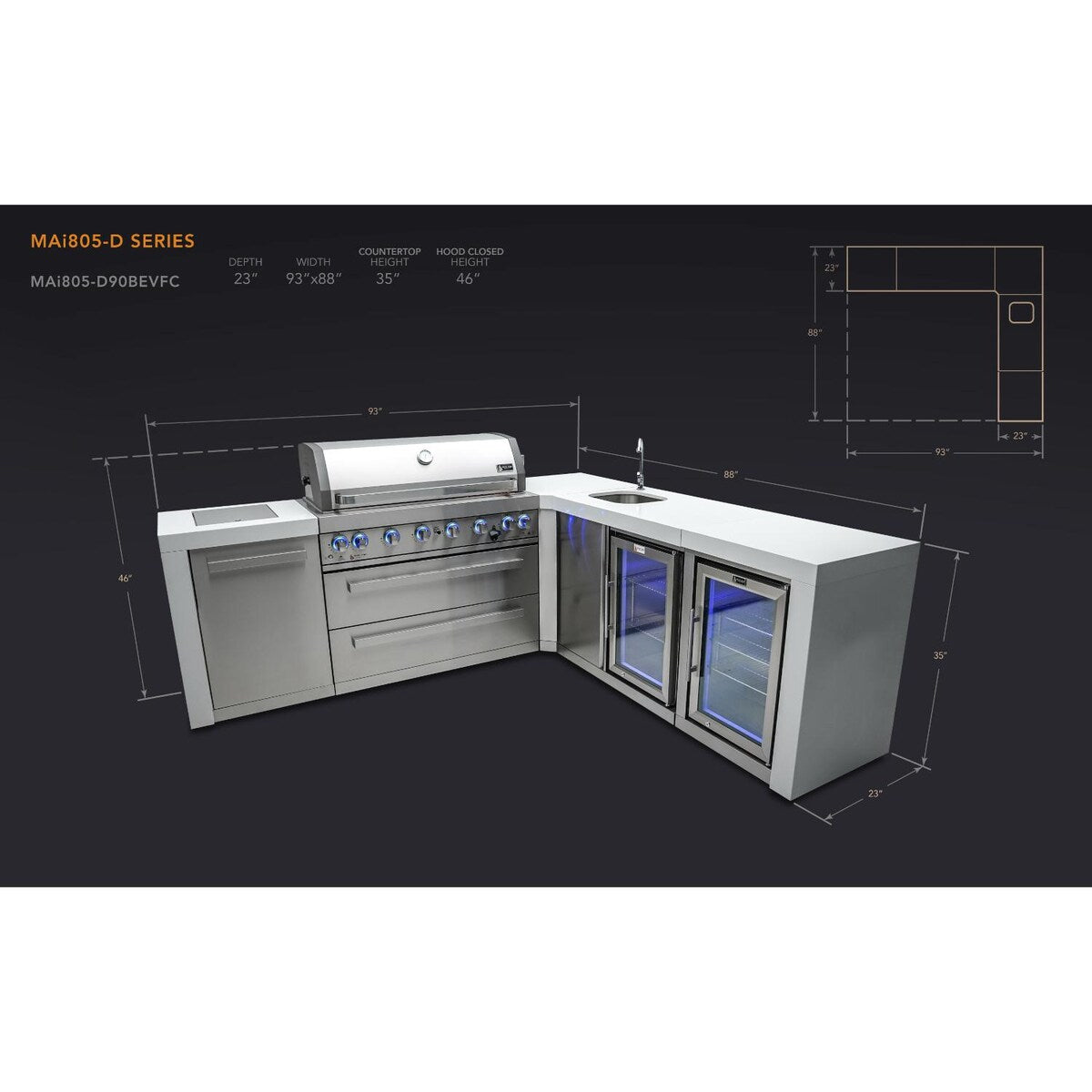 Mont Alpi Deluxe Series 8 Ft L-Shaped Propane Outdoor Kitchen Island w/ Side Burner, Beverage Center & Fridge - MAi805-D90BEVFC