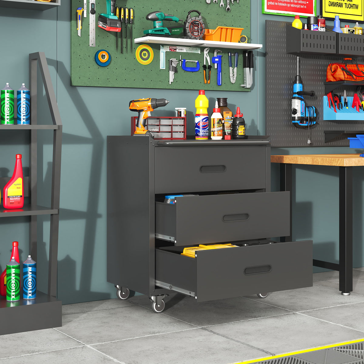 Heavy Duty Metal Storage Cabinet With Wheels 3 Drawer Tool Cabinet For Garage, Office, And Home Organizer Solutions