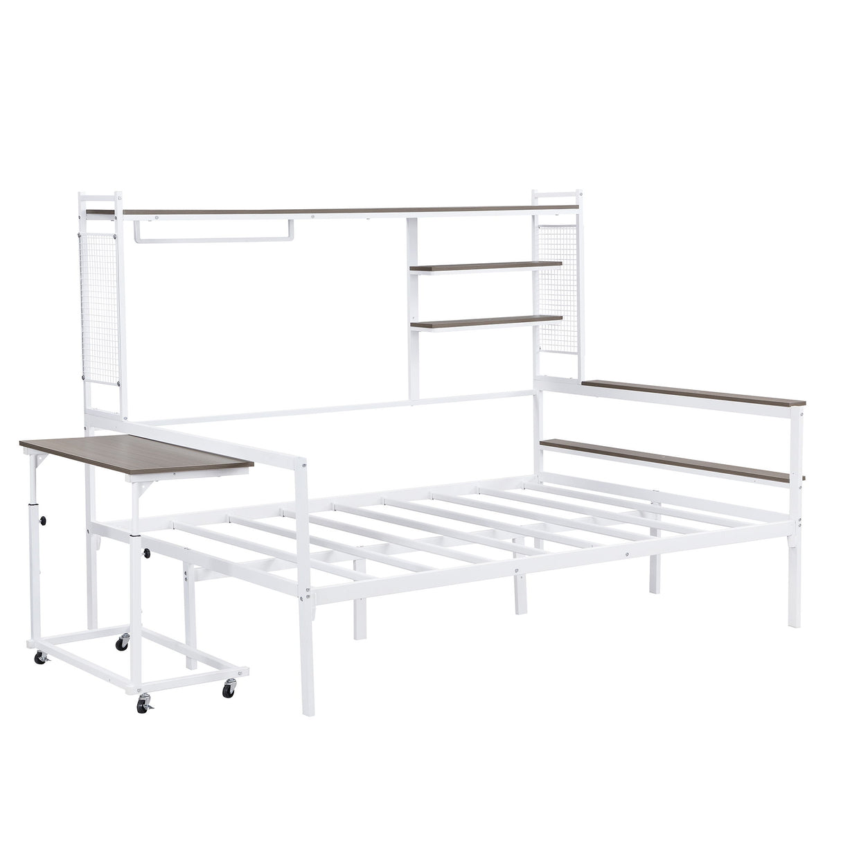 Daybed With Movable Desk, Grid, Shelves And Clothes Hanger