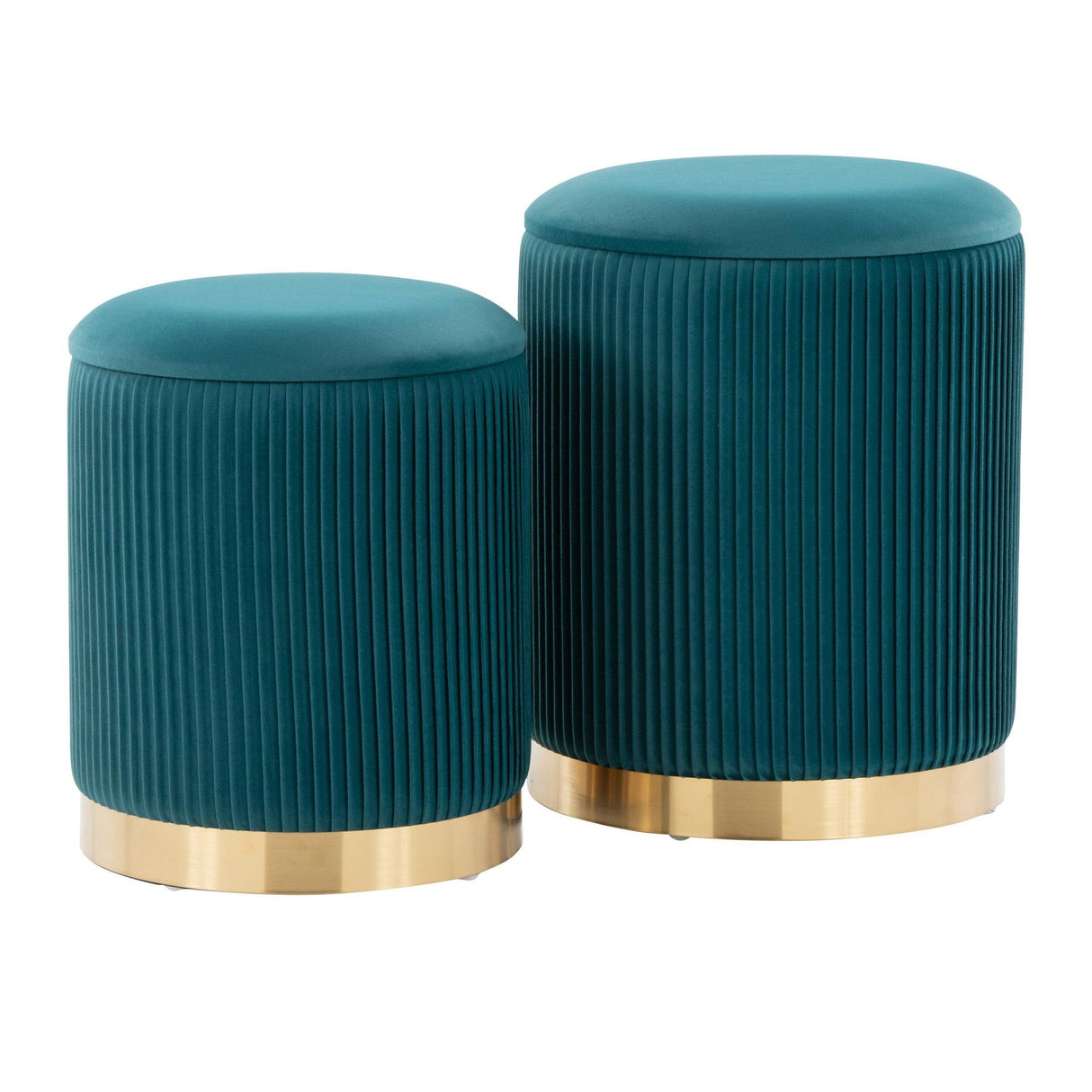 Marla - Nesting Pleated Ottoman (Set of 2) - Gold Metal, Peacock Teal Velvet