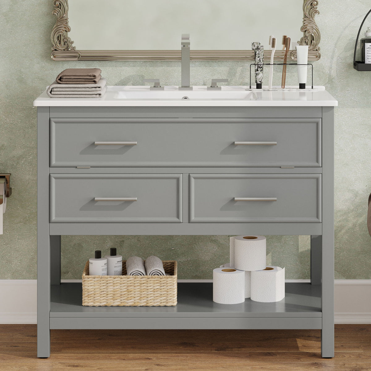 Bathroom Vanity With Sink, Tip Out Tray & 2 Full Extension Drawers - Gray