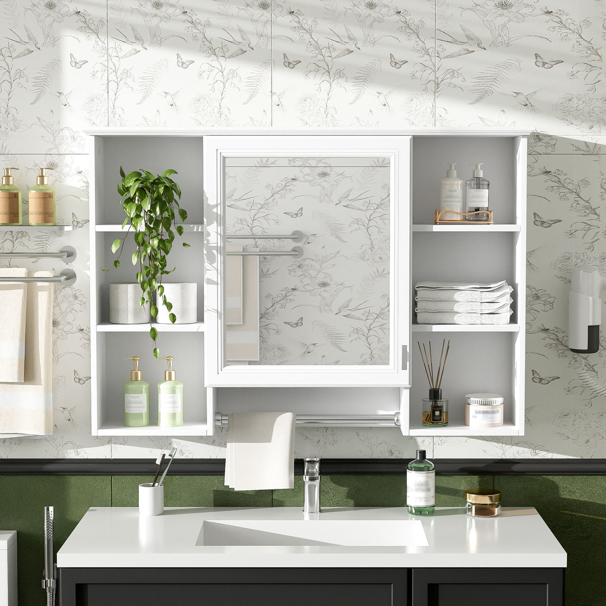 3 In 1 Bathroom Mirror Cabinet With Adjustable Shelf, Soft Close Door, High Definition Mirror & Towel Bar - White
