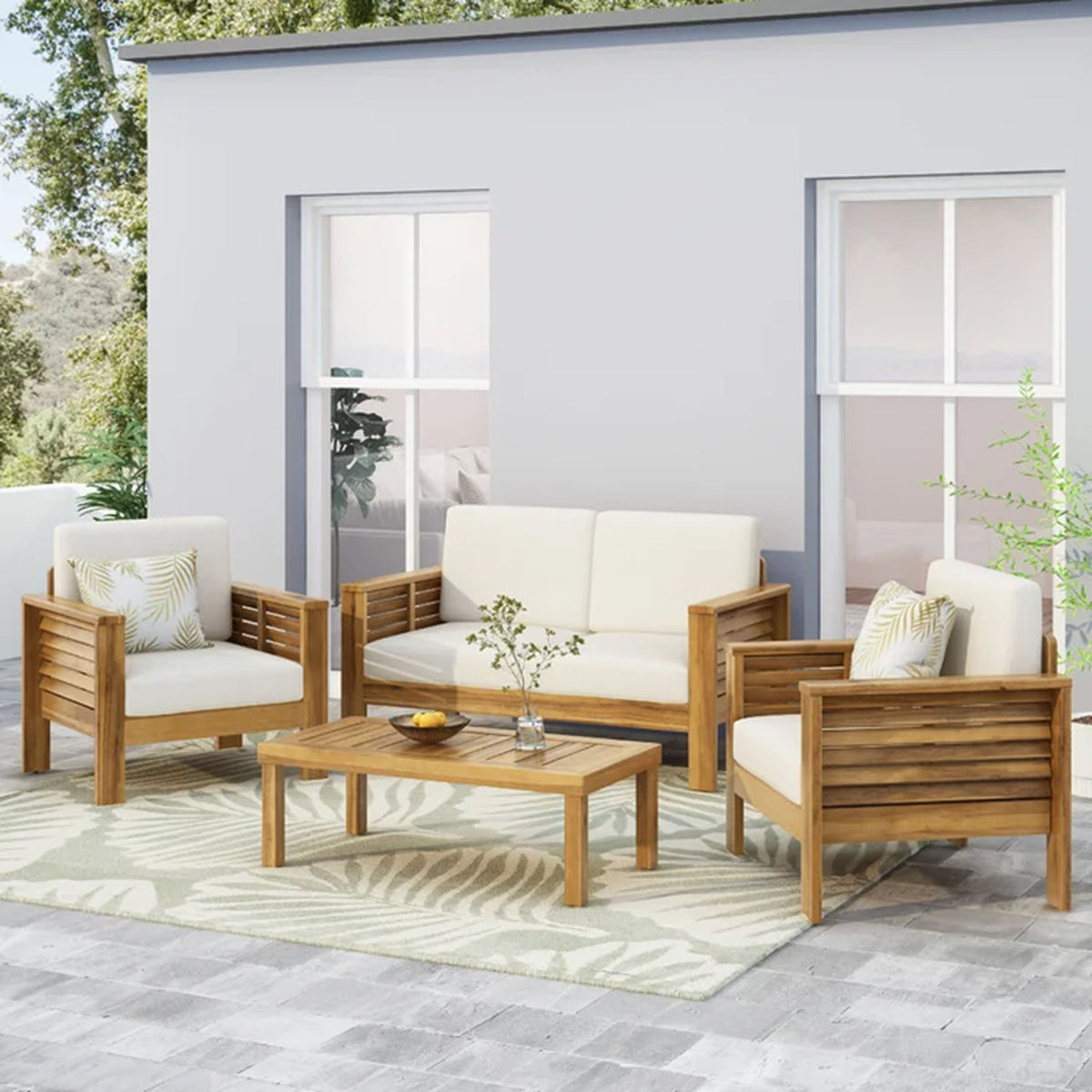 Acacia Wood Loveseat And Coffee Table Set With Cushions