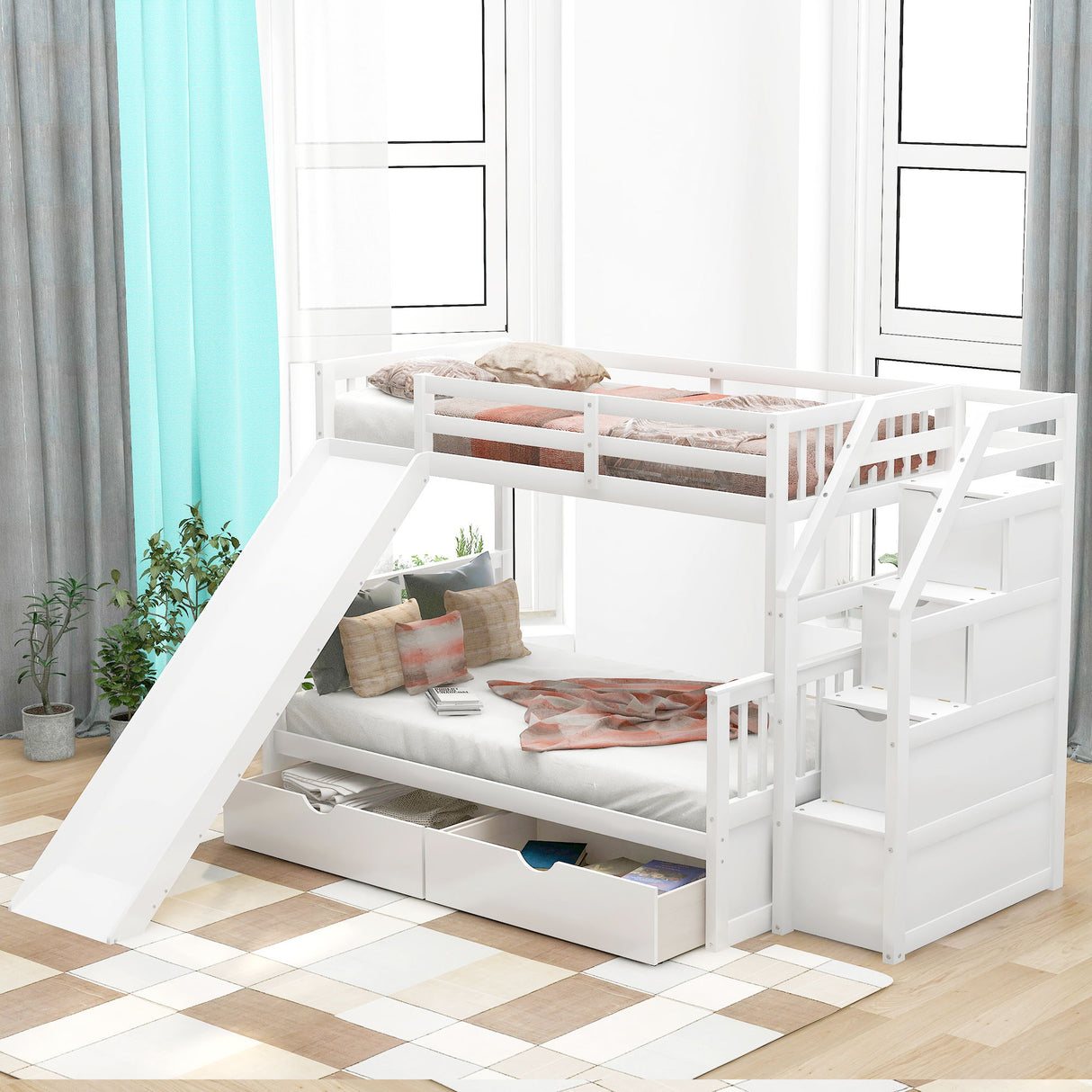 Bunk Bed With Storage Staircase, Slide, Desk, Drawers, And Shelves