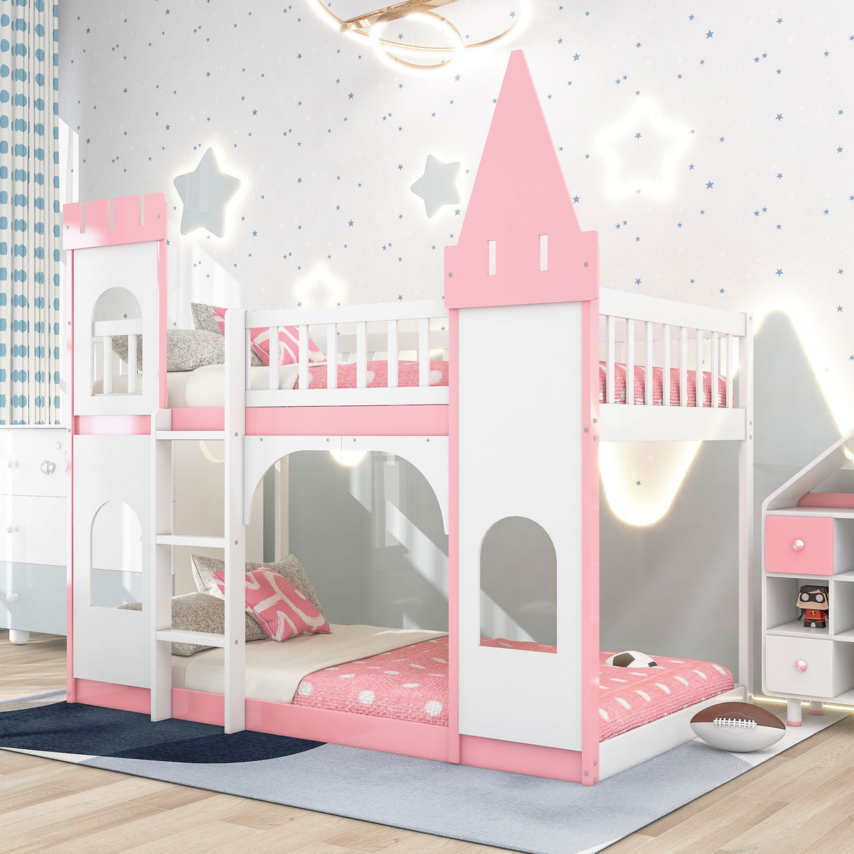 Twin Over Twin Castle Bunk Bed With Ladder - Pink