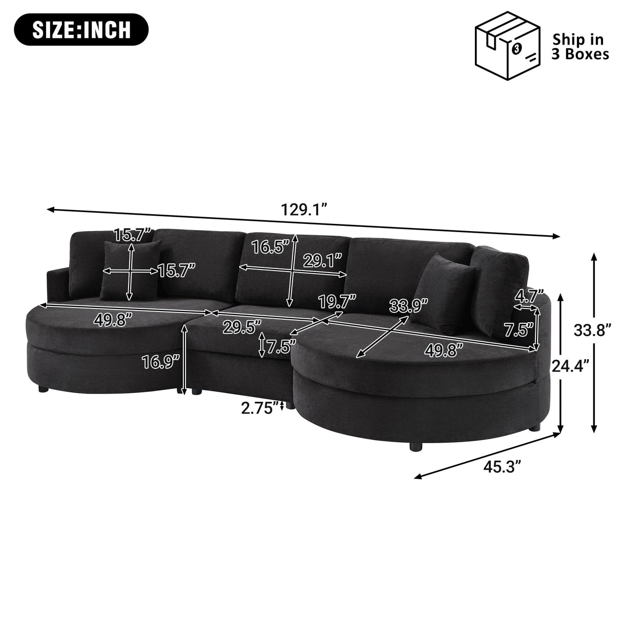 Modern 3 Seater Upholstered Sofa With Curved Design