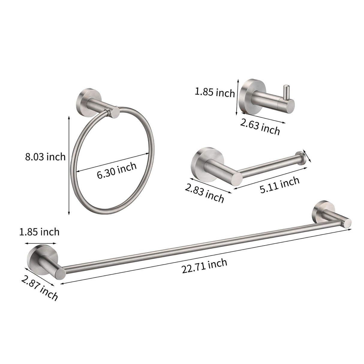 Bathroom Set 4 Pack With Towel Bar Racks, Toilet Paper Holder, Ring, Hook, Stainless Steel - Brushed Nickel