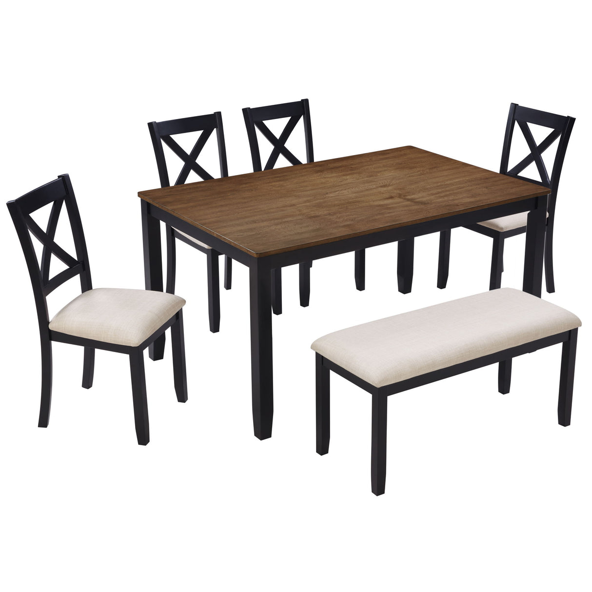 6 Piece Dining Table Set With Bench - Beige / Black / Oak