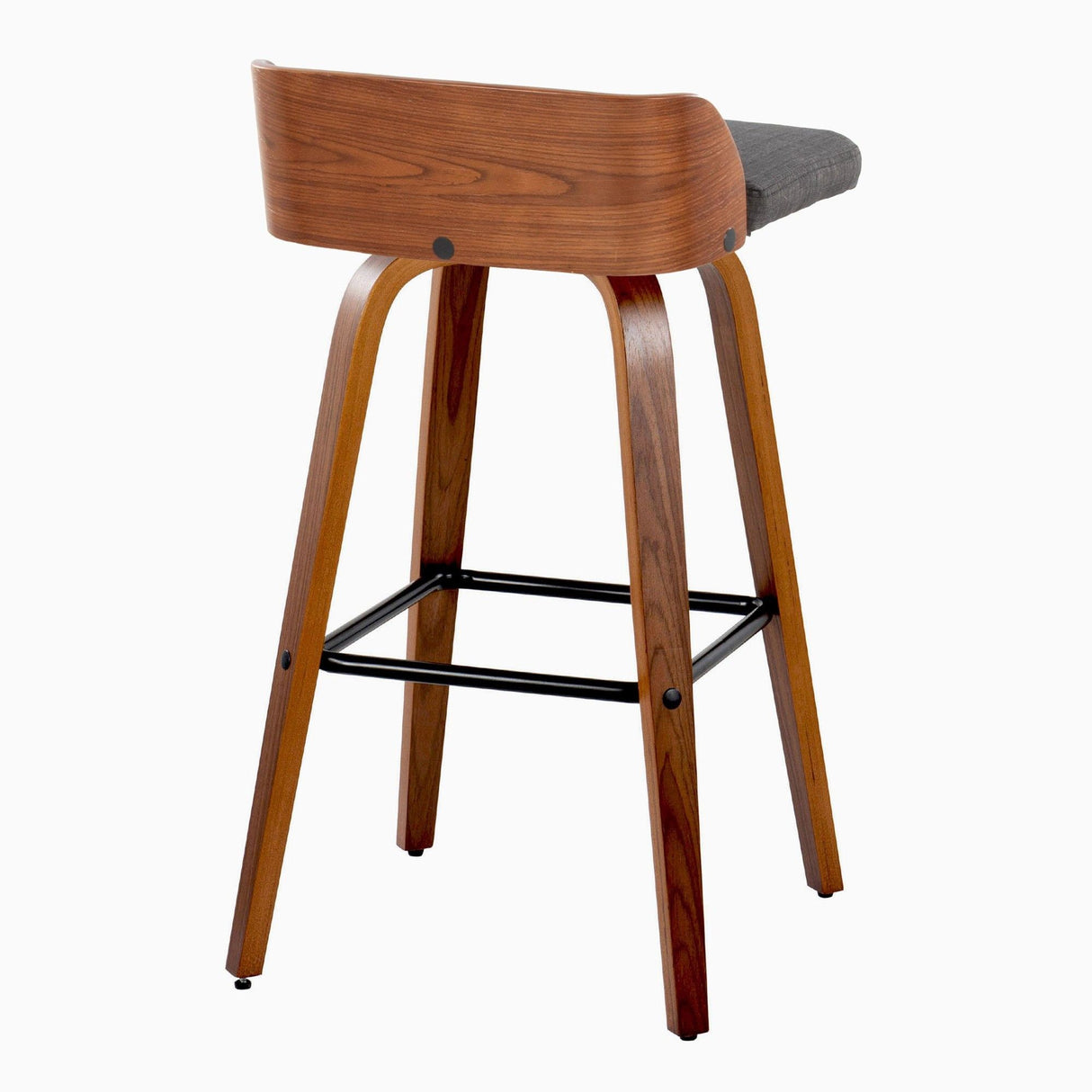 Maya - Mid-Century Modern Fixed-Height Swivel Barstool (Set of 2) - Walnut Wood And Charcoal Fabric With Square Black Metal Footrest