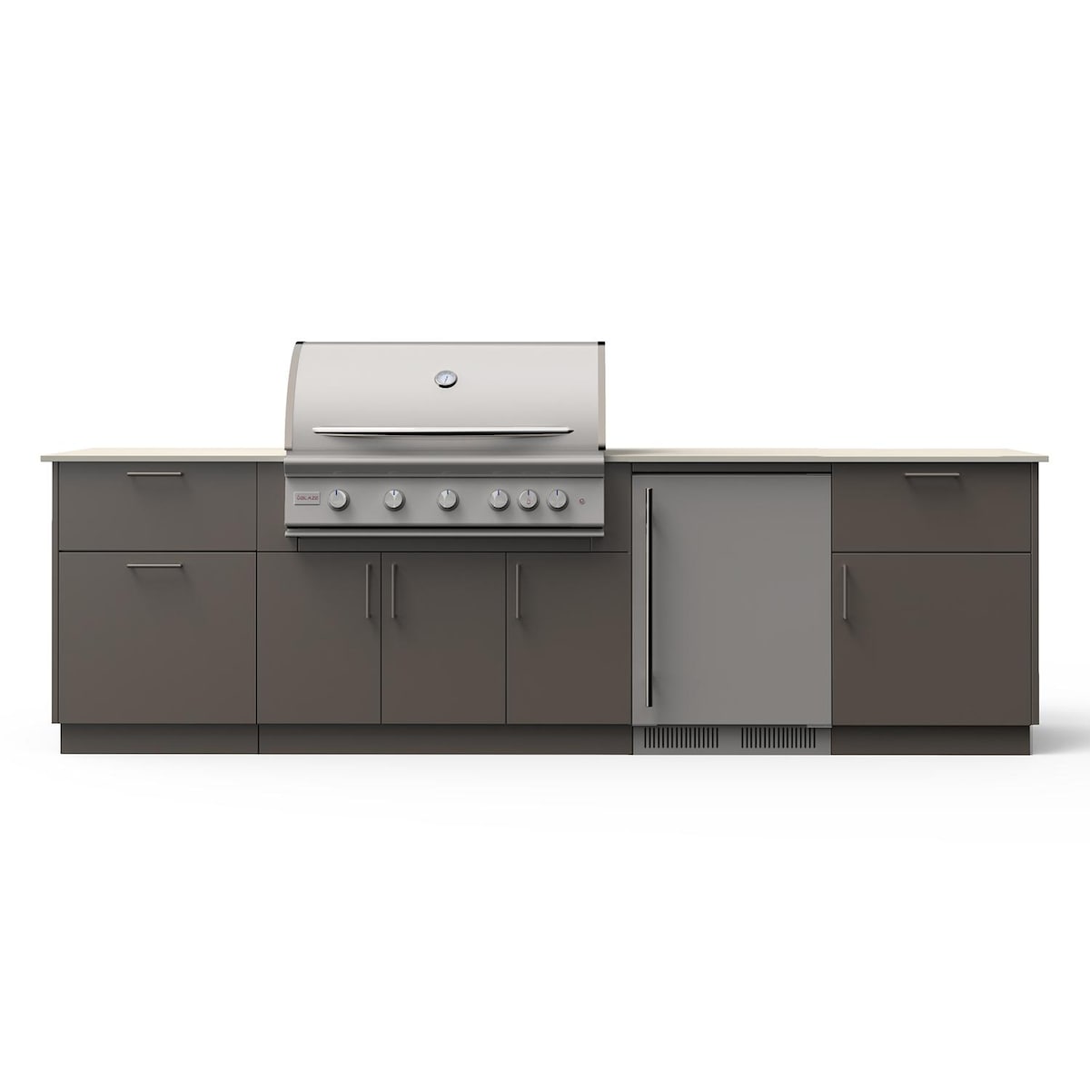 Blaze Morning Glow 10-Ft Outdoor Kitchen Island w/ 40-Inch LTE+ Propane Grill, Fridge in Gunmetal w/ Aeris Countertop