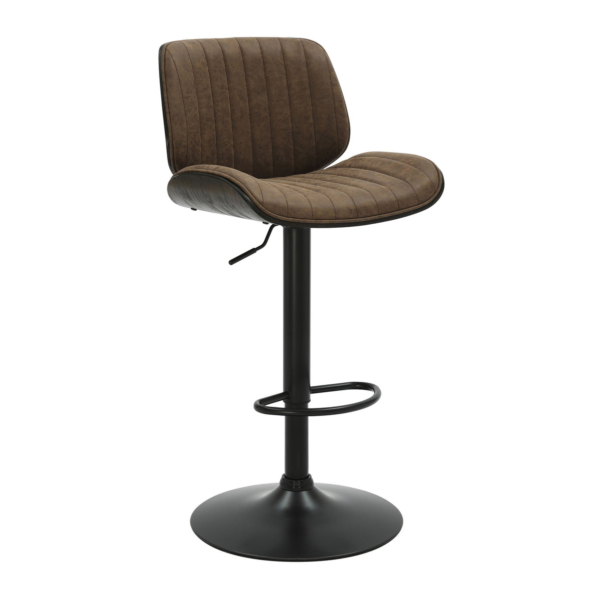 Brock - Adjustable Swivel Curved Back Wood Bar Stool With Faux Leather Seat - Black Base