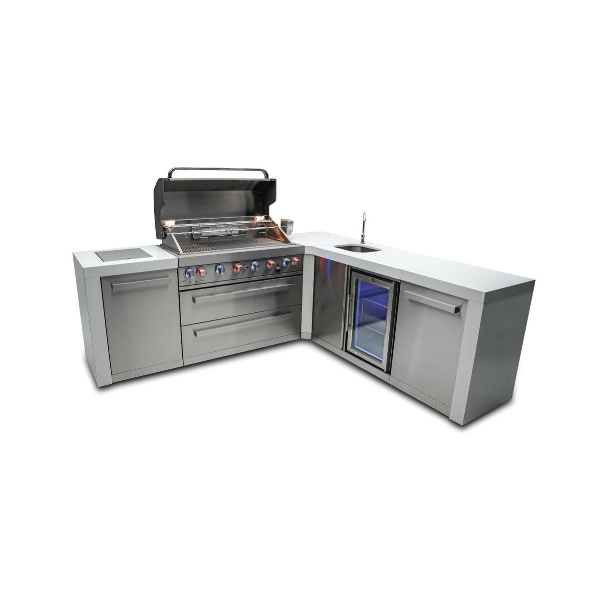 Mont Alpi Deluxe Series 8 Ft L-Shaped Propane Outdoor Kitchen Island w/ Side Burner & Beverage Center - MAi805-D90BEV