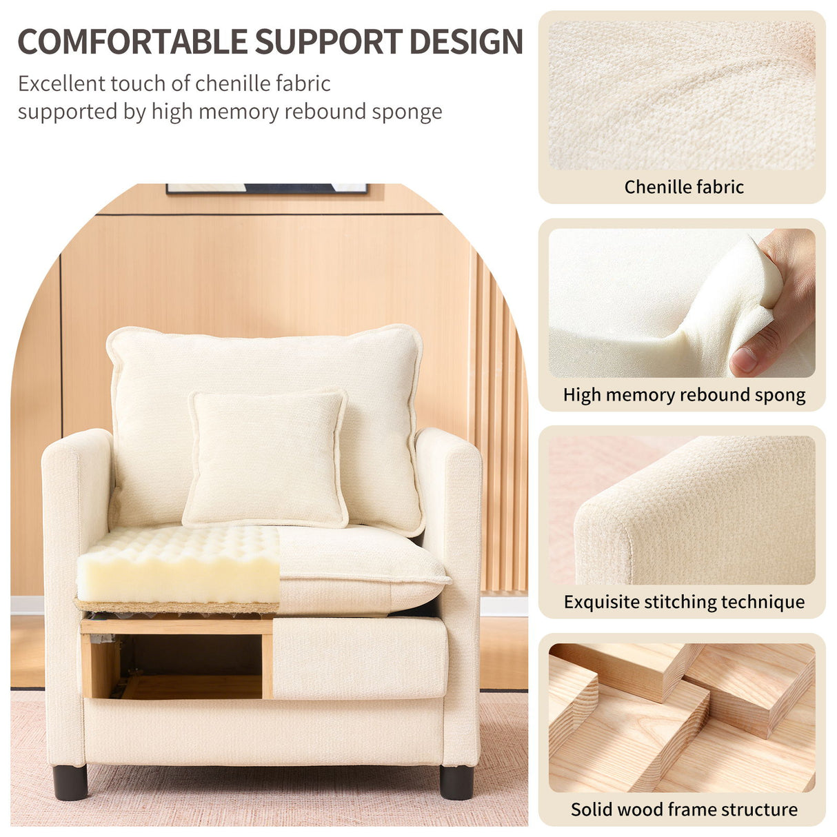 Single, Reading Armchair With 3 Pillow Comfort Set For Living Room - Beige